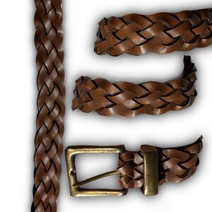 Braided brown faux leather adjustable belt with brass hardware 39"